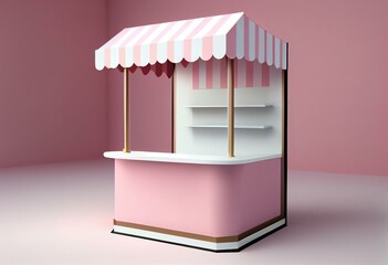 Fototapeta na wymiar Kiosk stand exhibition booth store with product shelf or blank display shop stand with pink striped awning isolated on pink pastel color background minimal conceptual 3D rendering. Generative AI