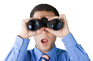 Young handsome man in shirt with binoculars