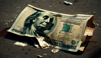 Fading Fiat: Abandoned Banknote on the Pavement or Wtreet in Digital Art. Generative AI