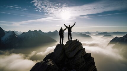 Silhouette of two travelers or hikers standing and raise their hands together on the top of mountain and enjoys the moment of success. Generative AI