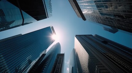 Fototapeta na wymiar Skyscrapers in a big city. Looking up at business buildings with sun flare. Generative AI