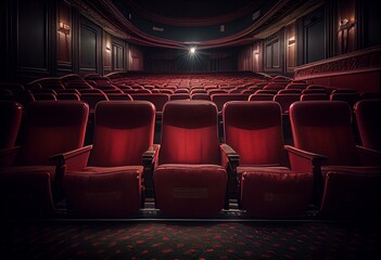 Empty movie theatre with red seat pads. Generative AI - obrazy, fototapety, plakaty