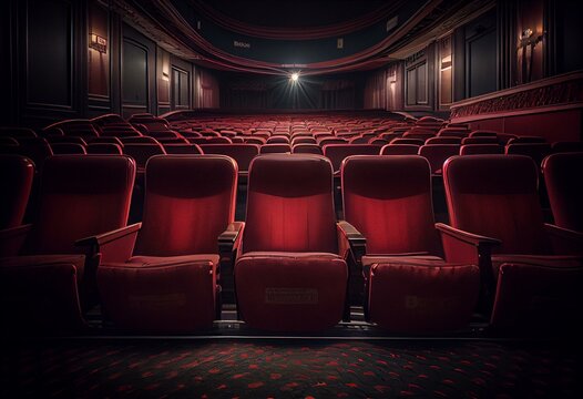Empty movie theatre with red seat pads. Generative AI