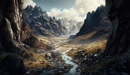 Scenic Rocky Valley: A Small Trekker Explores a Beautiful Landscape. Generative AI