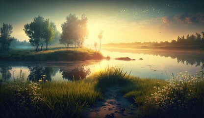 Naklejka premium Serene Summer Landscape Bathed in Natural Morning Light. Generative AI