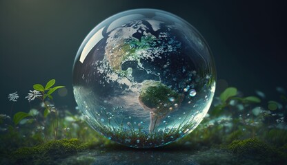Obraz na płótnie Canvas Stunning Crystal Globe with Greenery World Map - A Sustainable Vision. Generative AI