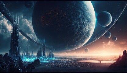 A gigantic futuristic sci fi city with a view of planets in space in the background. AI-generated