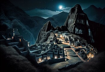 Machu Picchu, Cusco,Peru: Overview of the lost inca city Machu Picchu with Wayna Picchu peak, at night, GENERATIVE AI - obrazy, fototapety, plakaty