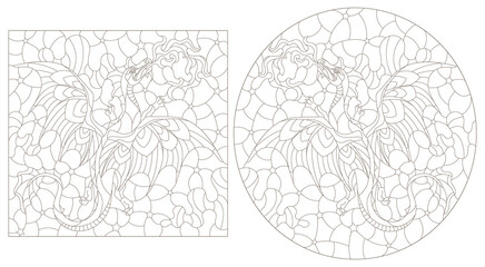 Fototapeta na wymiar A set of contour illustrations in the style of stained glass with dragons, dark contours on a white background