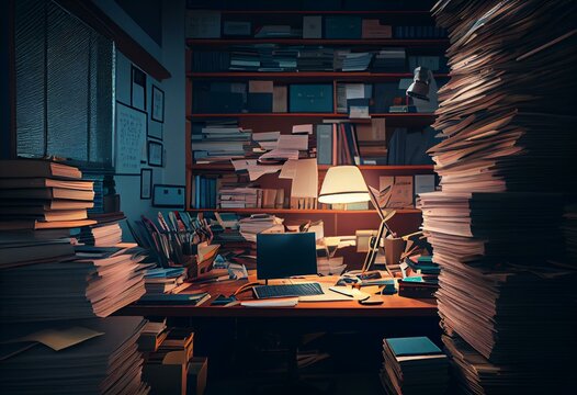 Busy office full of piles of paperwork and files. Generative AI illustration