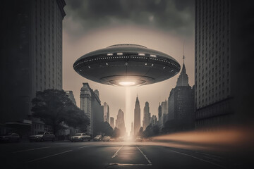 UFO in the city. Aliens in the city. AI generation