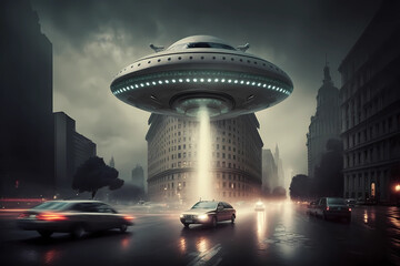 UFO in the city. Aliens in the city. AI generation - obrazy, fototapety, plakaty