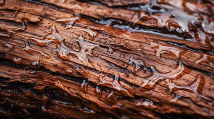 Macro wet sequoia bark with water drops. Created with Generative AI tools.