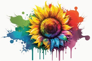 Colorful sunflower watercolor painting with splash for summer background. distinct generative AI image.