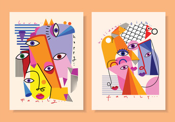 Set of abstract face portrait colorful geometric cubism art style shapes and lines vector background.