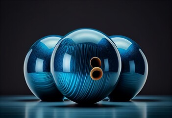 Shiny blue bowling ball and three pins on a white background. Generative AI
