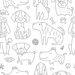 Vector hand-drawn color seamless repeating childish simple pattern with cute dogs in doodle style . Children's pattern with dogs. Dogs print. Cute baby animals.