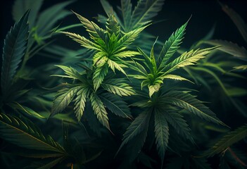 vegetation marijuana plants, green background, cannabis cultivation, Growing indica cannabis, marijuana leaves, herb medicinal Generative AI