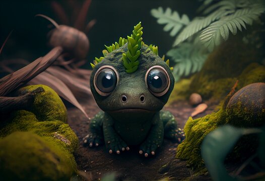 Cute Green Dinosaur Baby With Big Chibi Eye -. Generative AI