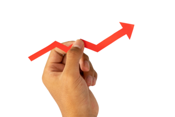 Hands holding red progress arrow isolated in business and financial concept