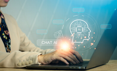 Chatbot conversation Ai Artificial Intelligence technology online customer service.Digital chatbot, OpenAI generate. Futuristic technology. Business woman using laptop, virtual assistant on internet.