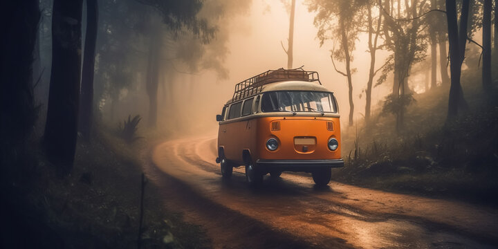 Illustration of the vintage bus on the forest road, with a misty environment, and an AI-generated image.	