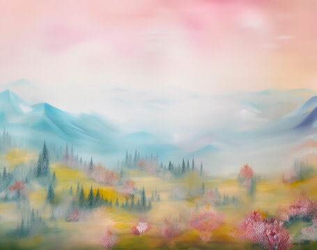 Illustration of dreamy, foggy autumn landscape painting, AI Generated image.