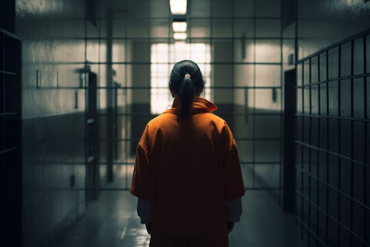 Woman prisoner, back view of brunette in orange uniform in prison. Generative AI