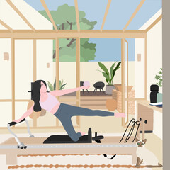 A woman doing Pilates reformer exercise in the living room - Exercise concept illustration for spring
