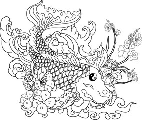 Beautiful line art Koi carp tattoo design ,colorful koi fish and flower.Traditional Japanese culture for doodle art,coloring book and printing on poster.Cherry blossom vector with koi fish background.