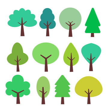 Set of tree icon with various green color on white background.