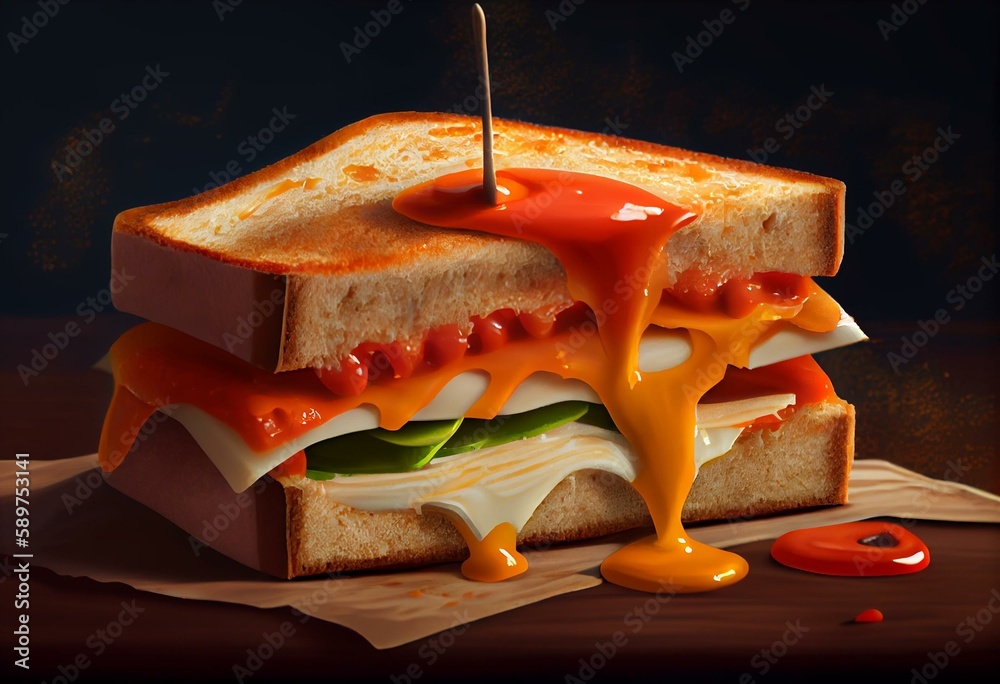 Wall mural illustration of sandwich with cheese tomato ketchup .ai. generative ai