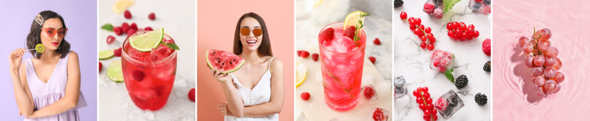 Collage of beautiful women with fresh fruits, berries and glasses of lemonade