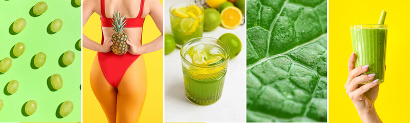 Collage of woman in swimsuit, with pineapple, glasses of beverages, green leaf and grapes