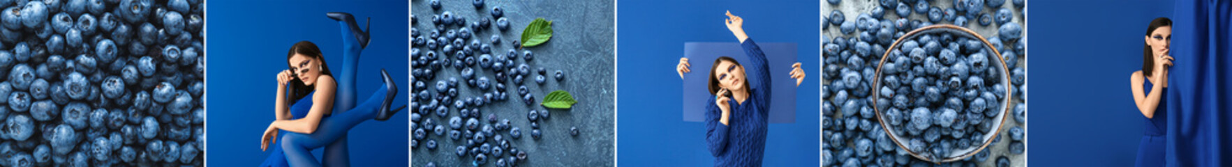 Collage of fashionable young woman extravagant makeup and fresh blueberries
