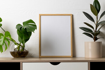 Wood empty frame with copy space and plants in pots on table against white wall