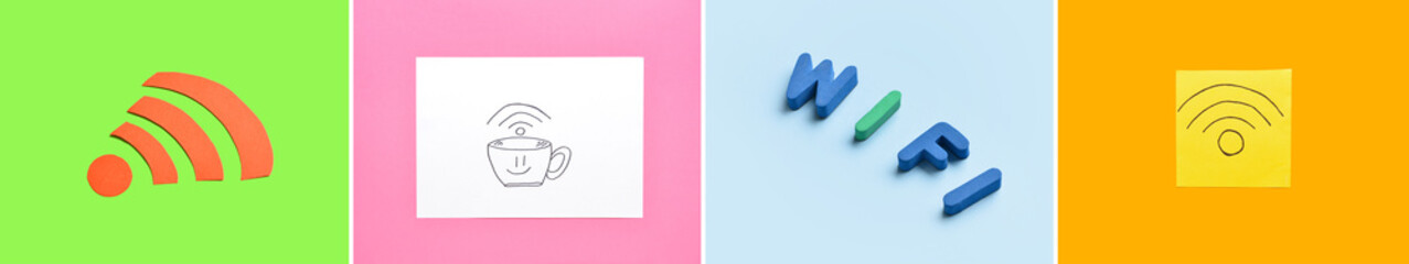Collage of creative wifi symbols and letters on color background
