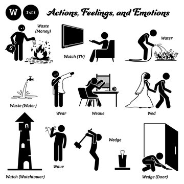 Stick figure human people man action, feelings, and emotions icons alphabet W. Waste, money, water, watch, watchtower, TV, wear, weave, wed, wave, wedge, and door.