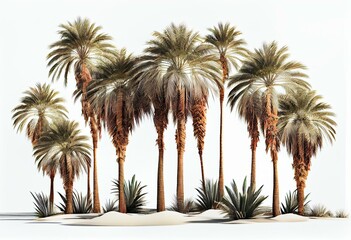 Group of palm trees that are next to each other on white transparent background. 3D rendering illustration. Generative AI