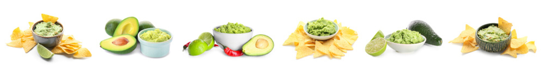 Set of delicious guacamole and nachos on white background