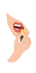 Young woman paints her lips with lipstick. Print for T-shirt, longsleeve.