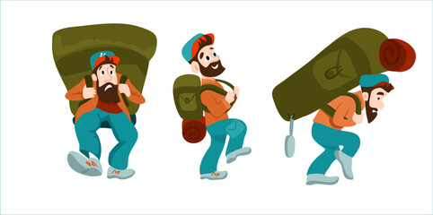 Set Tired Male tourist with a large backpack. Cheerful tourist with small backpacks. humor card