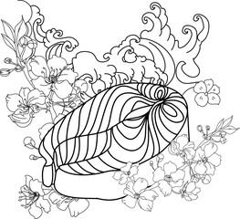 Salmon with sakura flower tattoo and water splash background.Traditional Japanese culture for doodle art,coloring book and printing on poster for restaurant.