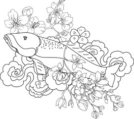 Salmon with sakura flower tattoo and water splash background.Traditional Japanese culture for doodle art,coloring book and printing on poster for restaurant.