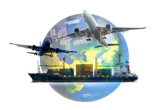 Transportation of cargo planes and container ships Global import and export industrial logistics business and transportation concept white background