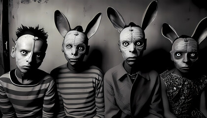 People dressed in a  Rabbit looking like a cult members on a dark background. No face. Occult, sect concept.  - obrazy, fototapety, plakaty