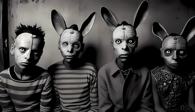 People dressed in a  Rabbit looking like a cult members on a dark background. No face. Occult, sect concept. 