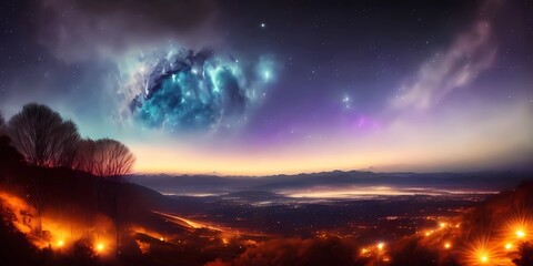 Obraz premium Mountain landscape fantastic cosmos galaxies stars planets and nebulae. Sunset and unreal night sky. Panoramic photo mountains. Generative AI