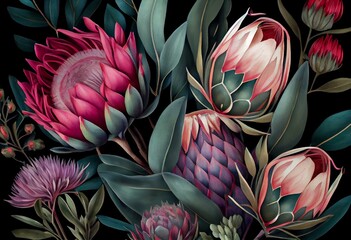 Watercolor seamless pattern with magenta protea, floral background blooming flowers and protea leaves. Generative AI