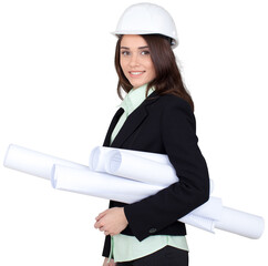 Woman Engineer with Safety Helmet and Blueprints - Isolated